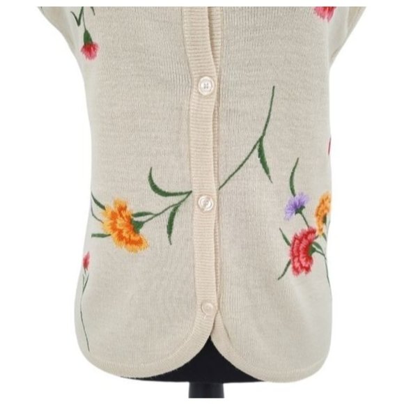 VTG 70s Leroy Ivory Floral Embroidered Sleeveless Button Front Sweater Vest M - Picture 2 of 11